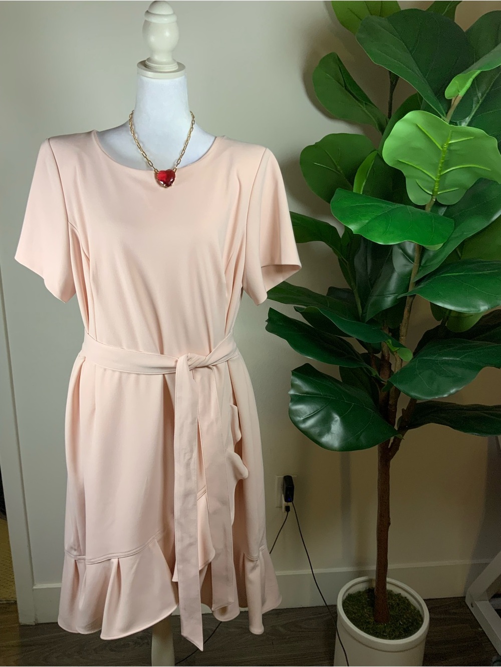 Calvin Klein Short Sleeve Belted Ruffle Hem Dress - Blush